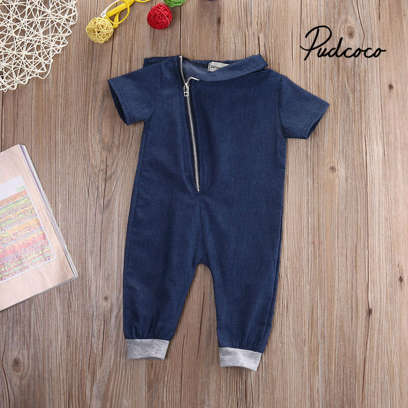 Brand 3M-3Y Newborn Toddler Baby Girls Boys Denim Romper Short Sleeve Elastic Waist Blue Zipper Jumpsuit Summer Clothes
