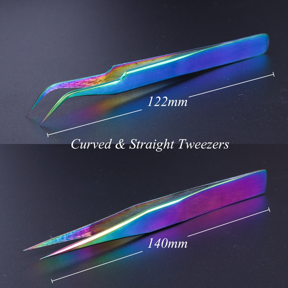 Rvs Wimper Pincet Regenboog Anti-Statische Gebogen Rechte Wimper Extension Rhinestone Picking Make-Up Tool JINB01-07