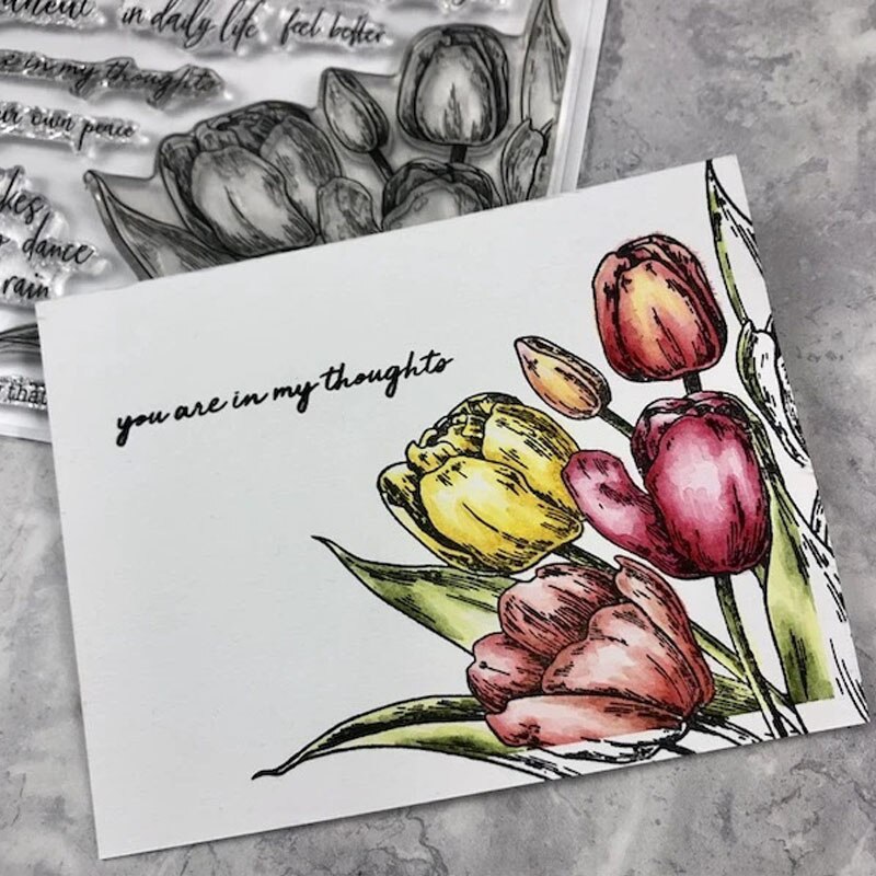 Qwell blomster tulipan buket klare gennemsigtige stempler til håndværkspapir kort gør det selv scrapbog skabelon