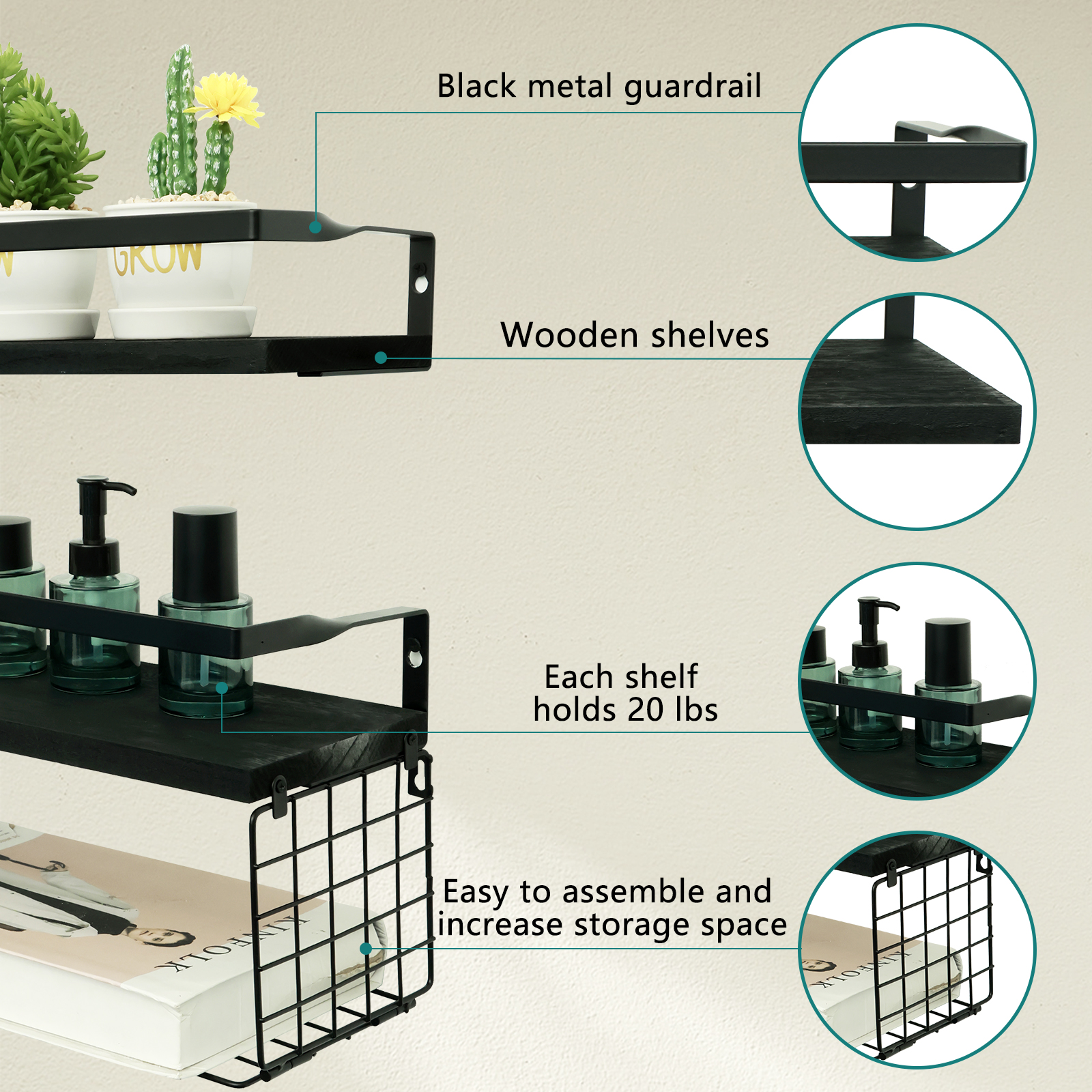 Estantes flotantes montados en la pared, estantería de madera para baño con barandilla protectora de Metal, estante de almacenamiento abierto resistente para cocina y baño
