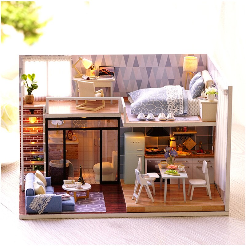 CuteRoom Blau Zeit Puppe Haus DIY Miniatur Mit Möbel Musik Licht Abdeckung Miniatur Modell Dekor Baby Liebe Spielzeug