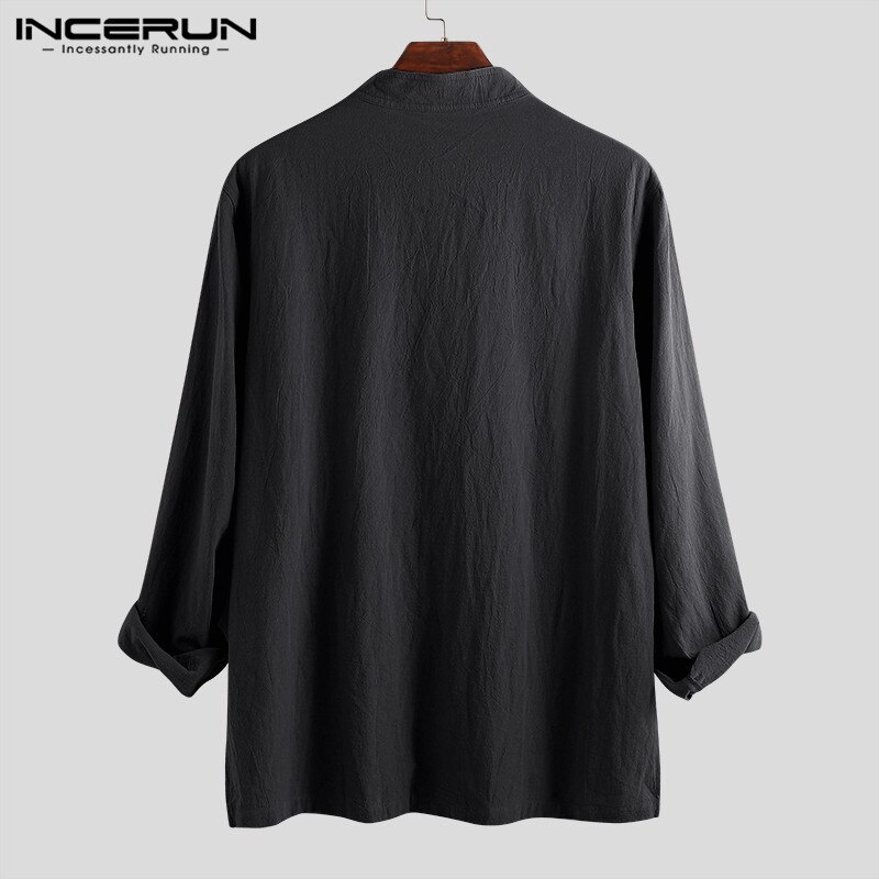 INCERUN Mens Shirt Vintage Long Sleeve V-neck Cotton Linen Men Tops Plus Size Chinese Style Loose Mens Casual Shirts Camisa