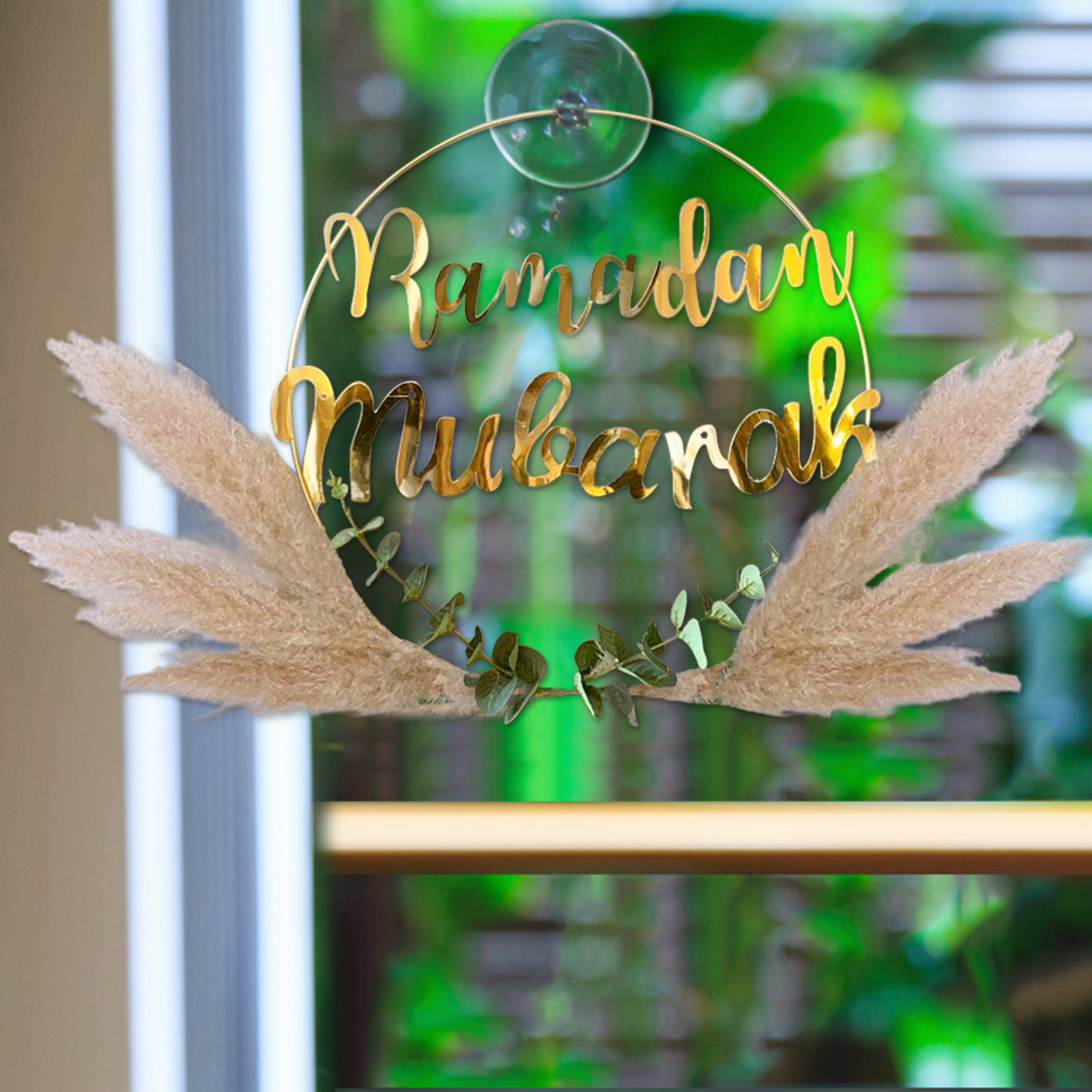 Ramadan Mubarak Metal Hoop Wreath Innovative Artificial Green Leaves Reed Wreath For Spring Summer Hangings Ramadan Decorations