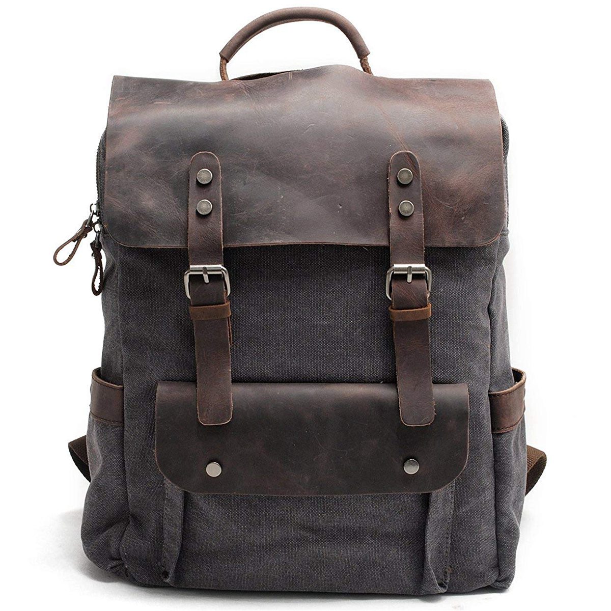 Men Leather Canvas Rucksack Laptop Backpack College School Bookbag(Dark Gray): Default Title