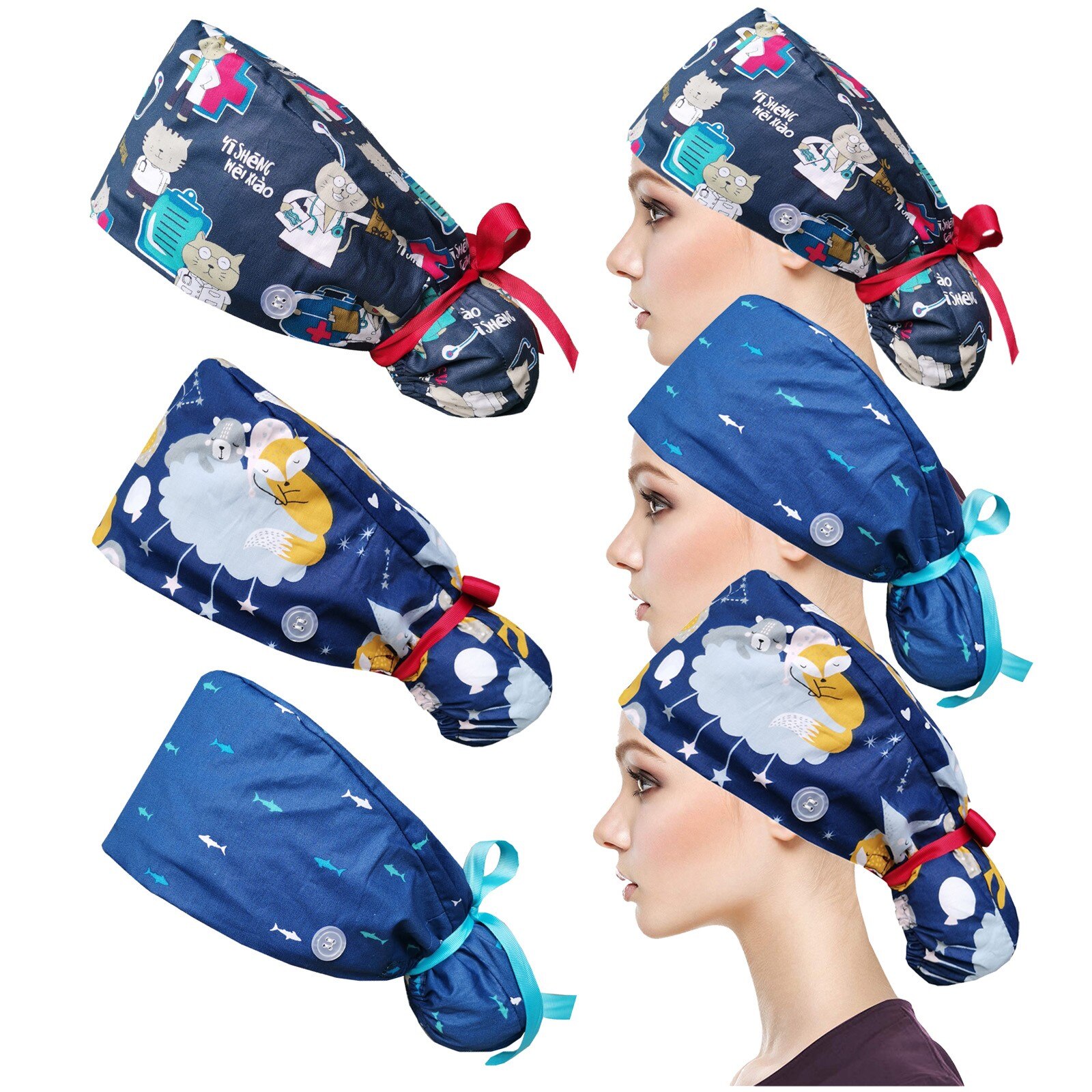 25# 3PC Unisex Adjustable Working Nursing Cap gorro quirófano Button Long Hair Sweatband Hat nurse Cap Cartoon print Gourd hat: D