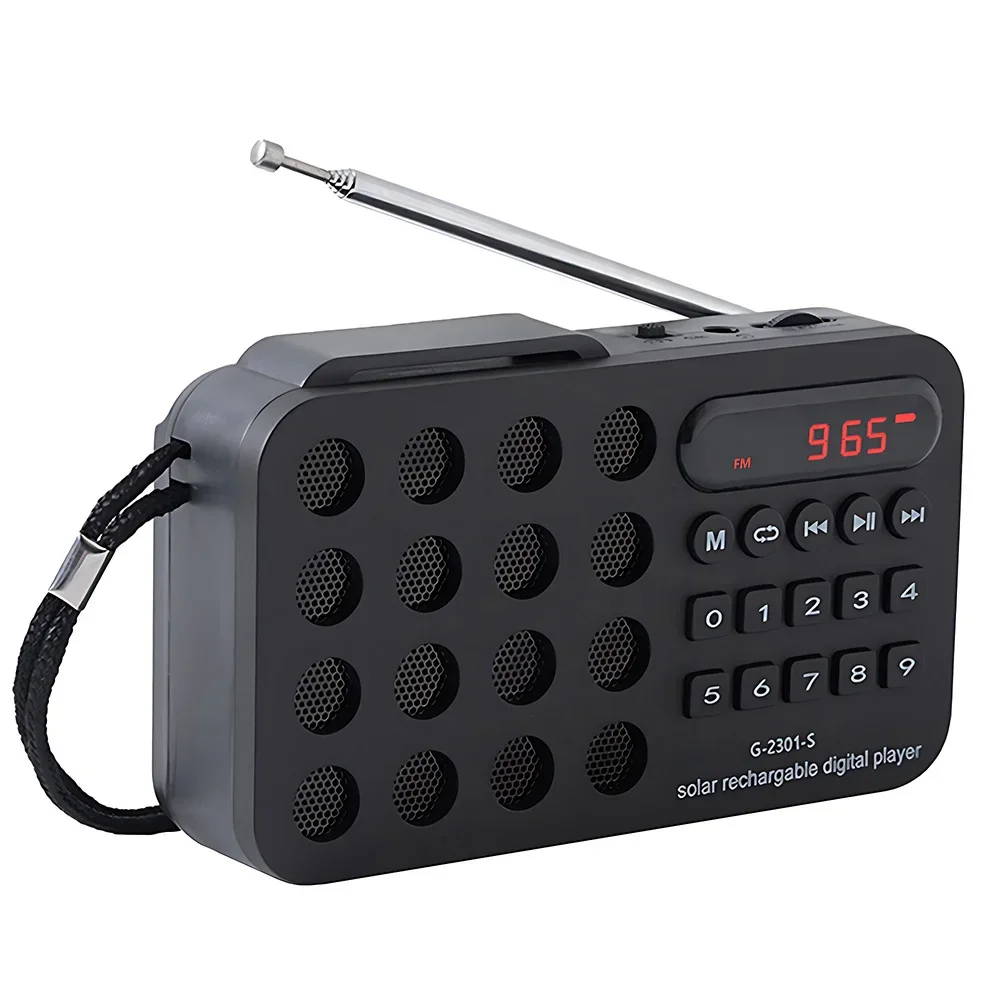 Portable handheld mini FM radio, solar powered charging wireless speaker USB support TF card Bluetooth FM radio receiver: black