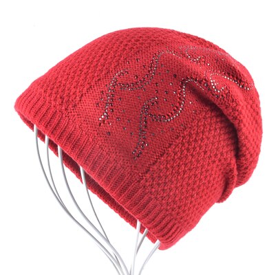 Varm strik beanie med rhinestones vinter dobbelt foring hatte til kvinder fletning ensfarvet skullies beanies dame kasket: Rød
