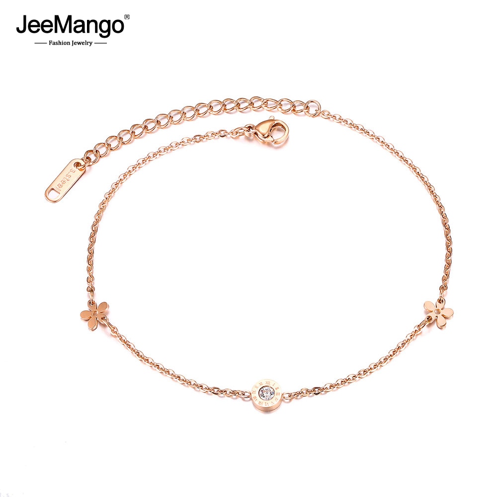 JeeMango titane acier bohême plage chaîne lien cheville pour femmes filles chiffres romains fleur bracelet de cheville à breloques bijoux JOGZ087