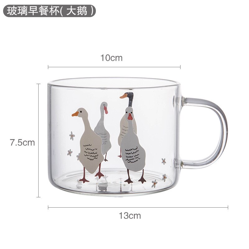 Taza de vidrio transparente con estampado de dibujos animados, vaso de café de vidrio de alto borosilicato con asa, taza de leche para desayuno y postre, 500ml, 1 unidad: Goose