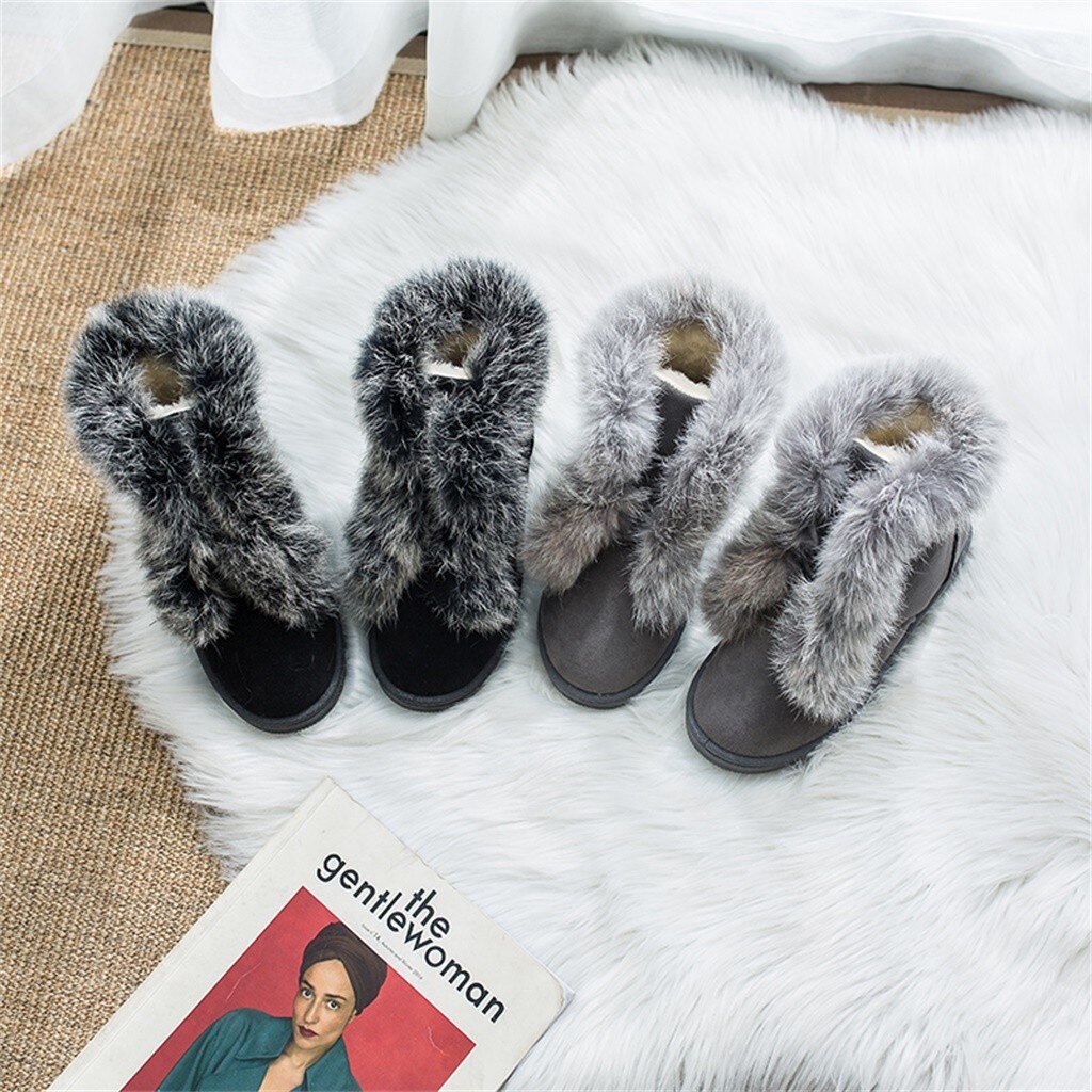 Oreilles de lapin femmes bottes de neige daim bout rond à lacets bottes chaudes avec peluche à l'intérieur tourner bord chaussures de pain d'hiver