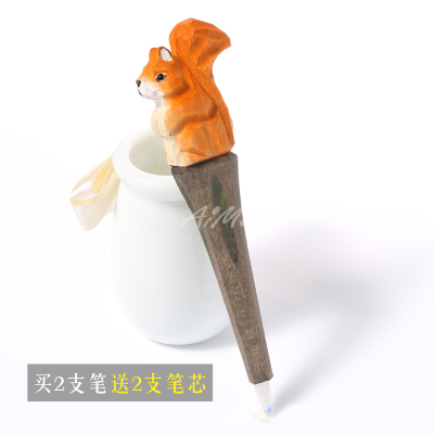 1Pc Coloffice Handmade Wood Carving Pets Animal Yellow Cat Ballpoint Pen Office Stationery School Writing Supplies: Clear