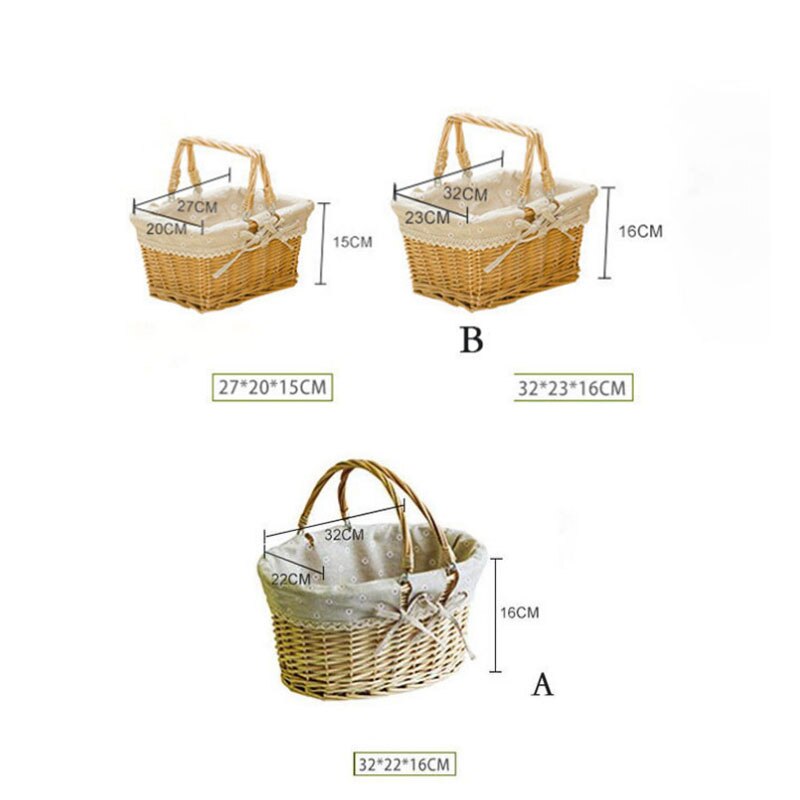 Alça móvel destacável forro rattan cesta de armazenamento picnic picking recipiente saco de vime (cor de forro aleatoriamente)