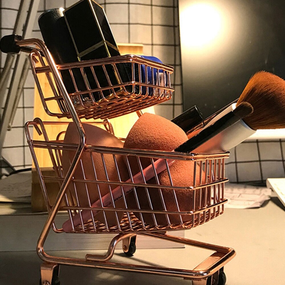 Mini Two-tier Shopping Cart Children Simulation Play Grocery Cart Trolley Storage Basket Rose Gold Trolley