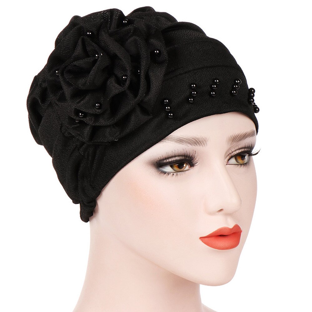 #5 Mode Vrouwen Kralen India Hoed Moslim Ruche Kanker Chemo Beanie Sjaal Tulband Cap Freeship: Black