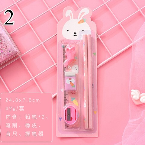 Conjunto de lápices lindos Kawaii con goma de borrar soporte de pluma con sacapuntas para la escuela de los niños 6 piezas de papelería Set de: 2