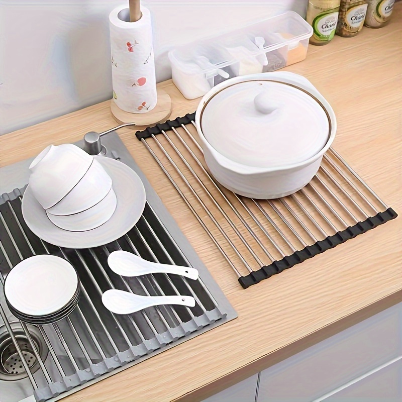 Égouttoir à vaisselle enroulable, égouttoir à vaisselle de cuisine, étendoir à évier en acier inoxydable, égouttoir à vaisselle pliable