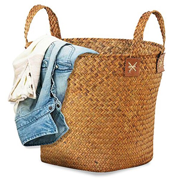 Naturlig rund halmkorg handgjord med handtag orange 33 x 21 x 26cm