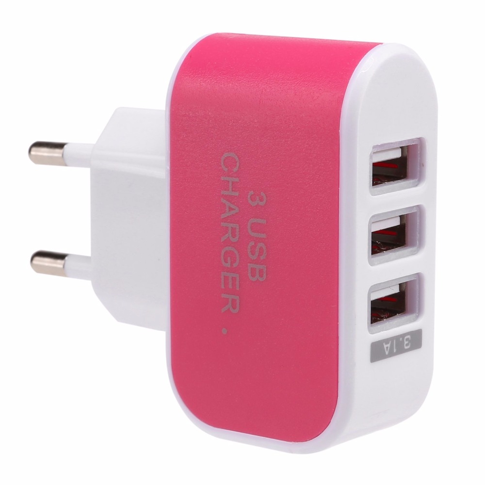 3.1A Triple USB 3 puertos de pared de viaje de hogar adaptador de cargador de CA enchufe de la UE para teléfonos móviles MP3 player cargador de batería, color rosa