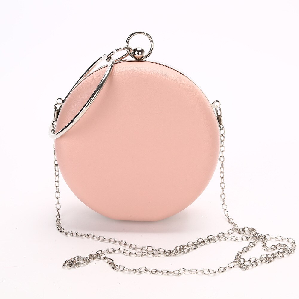 Brand PU Circular Evening Bag Pink Silver Black Metal Ring Totes Bag Cute Solid Leather Messenger Bag For Makeup Purse