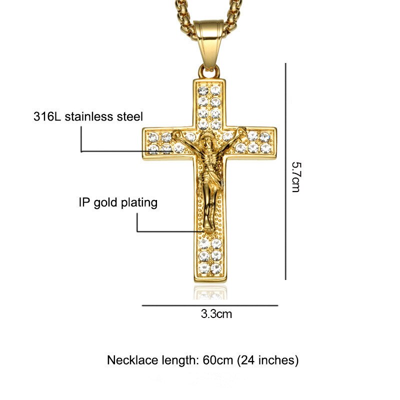 Guldfarve cross christ jesus vedhæng halskæde rustfrit stål link kæde indlæg cross halskæde hip hop smykker
