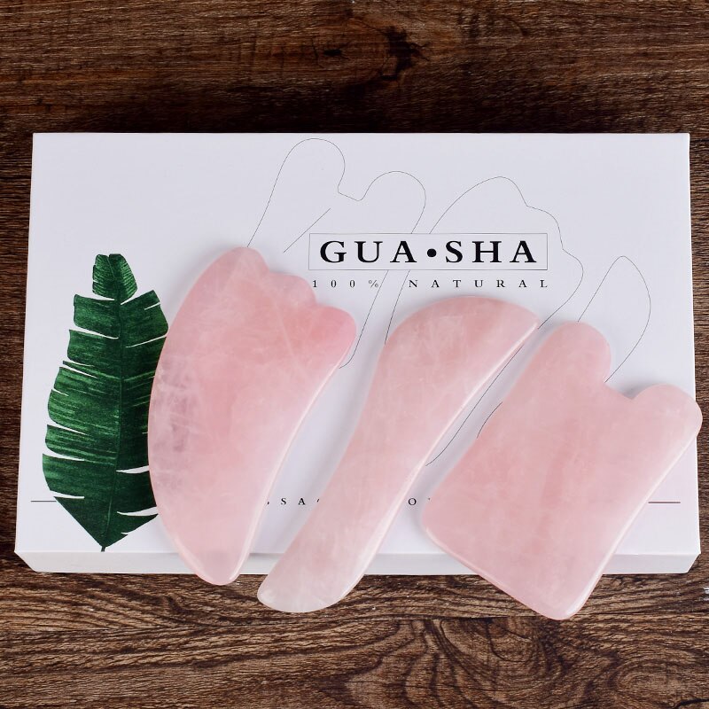 Slimet ansigtsværktøj naturlig rosenkvarts guasha massager fjern øjne poser og rynker til sundhedspleje skønhed kvinde hud gouache: 3 stk med gaveæske