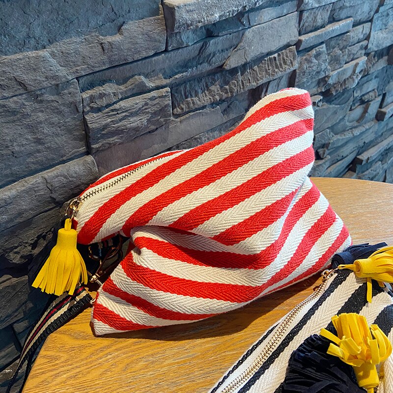 Cosmetic Bag Women Striped Makeup Case Organizer Korean Tassel Cosmetic Pouch Necesserie Travel Toiletry Bag Canvas Beauty Case: Red