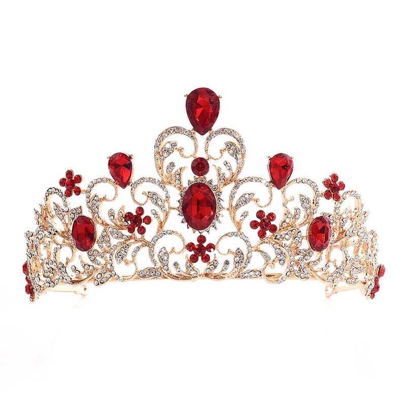 Frauen Luxus Strass Blume Tiara Braut Crown Hochzeit Braut Silber Farbe Kristall Hohl Große Krone Diadem Haar Zubehör JL: red