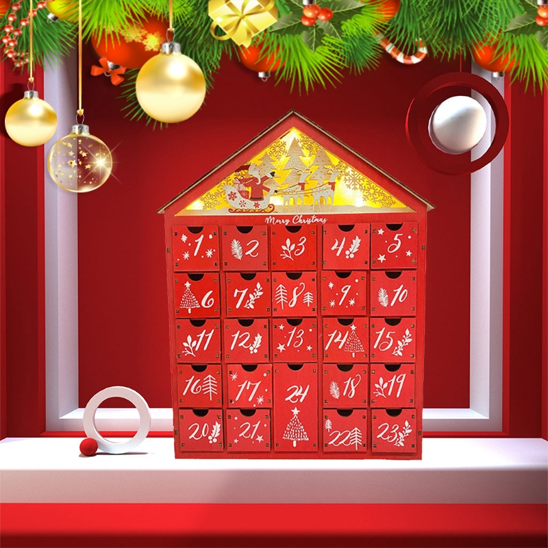 Snowy Village Christmas Red Wooden Advent Calendar House with LED Light Drawer