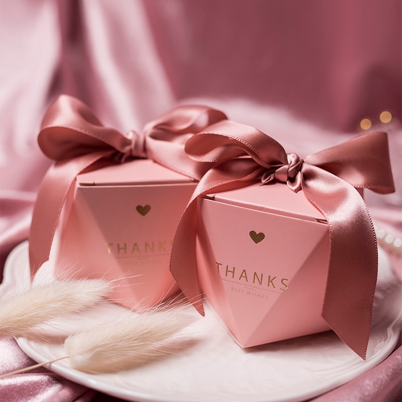 Nuevas y creativas Cajas de caramelos rosas para bodas, caja de suministros para , cajas de papel de chocolates para Baby Shower, paquete "gracias"