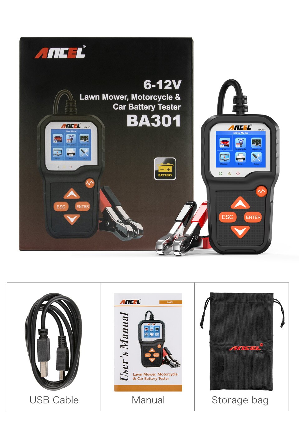 ANCEL BA301 – testeur et analyseur de batterie de voiture, outils de Test de Circuit pour voiture/moto, 6V, 12V: Default Title