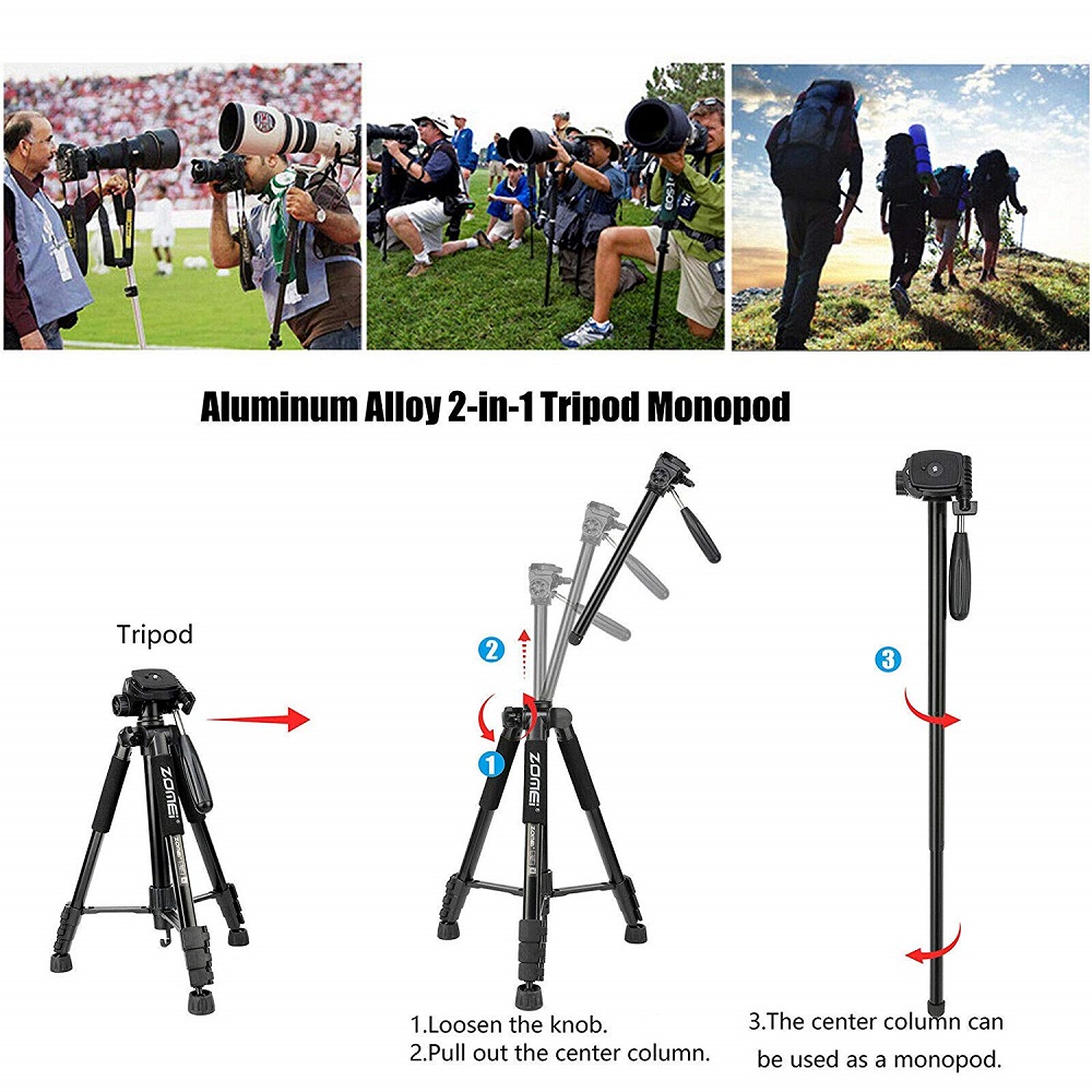 ZOMEI Q222 Camera Tripod Tripode Flexible Photographic Tripod Monopod Travel Stand for Smartphone Camera DSLR Projector