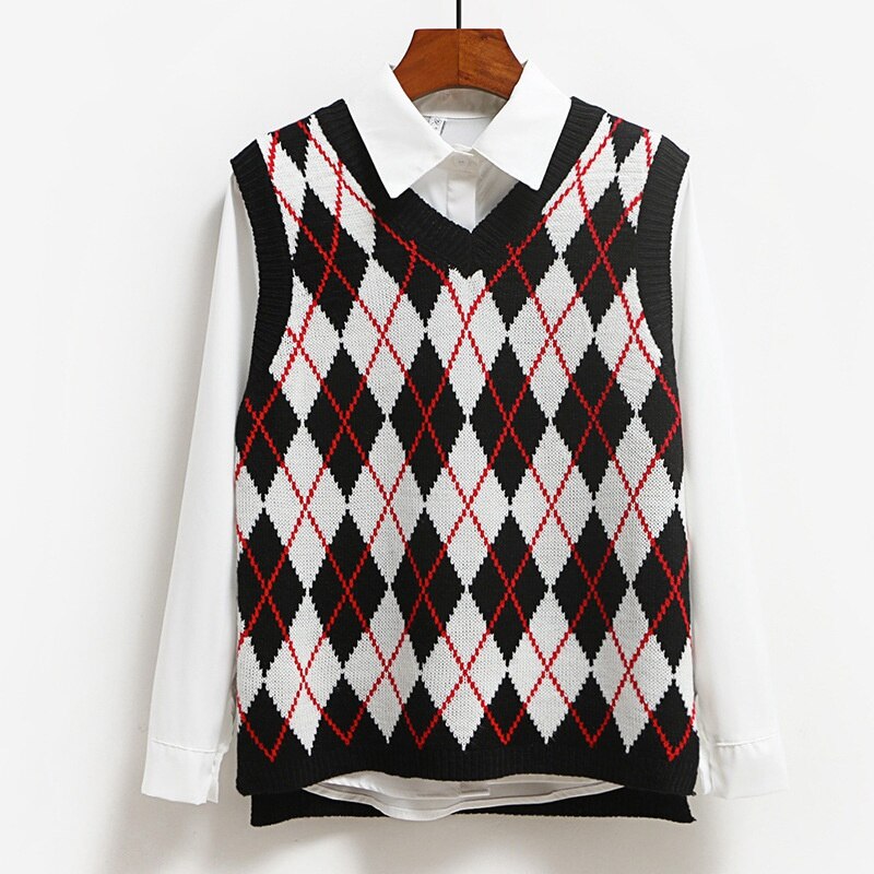 Muyogrt Vintage Argyle Sweater Vest Casual Tank Tops Pullover Elasticity Sweater Autumn Women Sleeveless V-Neck Knitted Vest: Black / M