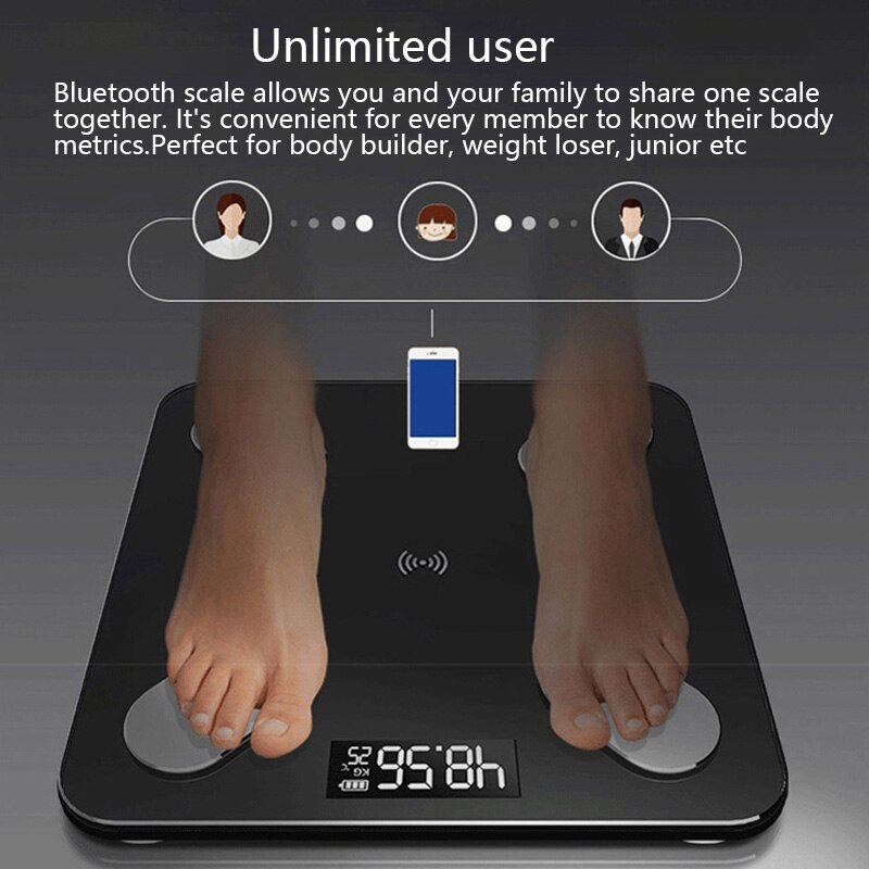 180kg smarte kroppsfettvekt lcd digital trådløs bluetooth bmi vektmåler helseanalysator fitness slankeverktøy vekter