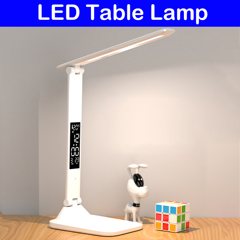 Lampada da tavolo pieghevole Lettura USB Touch Dimmerabile Protezione per gli occhi con sveglia Termometro Lampada da scrivania a LED Carica USB Luce notturna