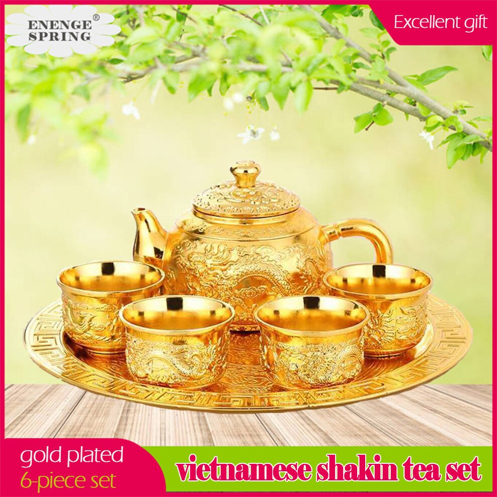 Vietnamese Shakin Tea Set 6-Piece Set Alloy Gold-Plated Dragon - Phoenix Teapot / Teacup / Tray Tea Table Ornaments Tea Set