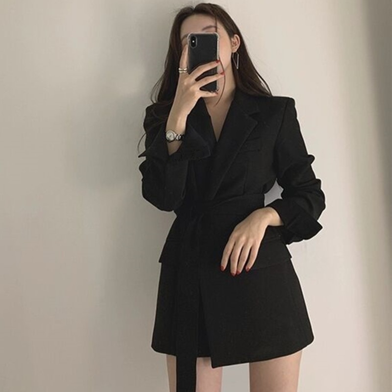 Blazer taille haute avec ceinture pour femme, vêtement d'extérieur, coupe cintrée, noir et Beige, à manches longues, pour le travail et le bureau, collection automne
