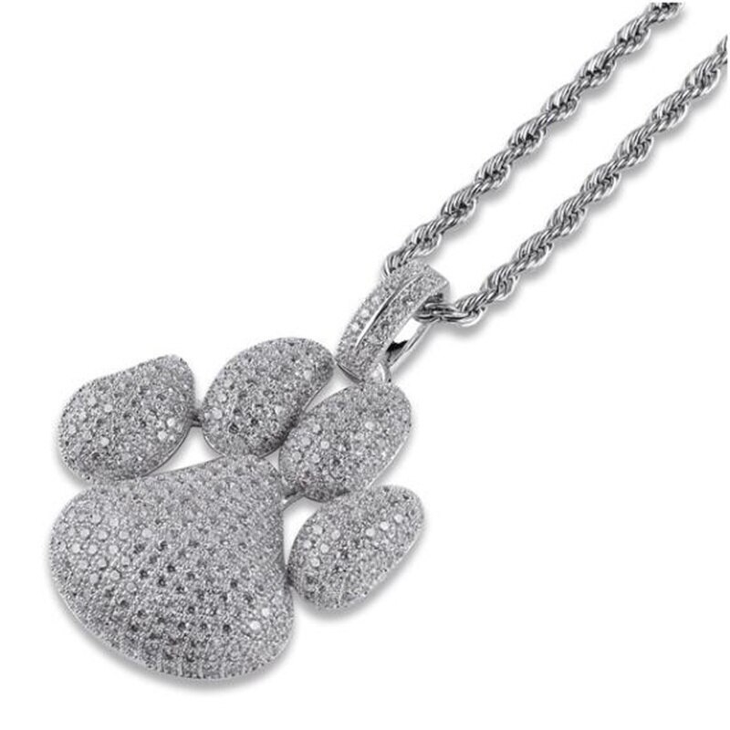 Dog Paw Footprint Bubble Pendant Necklace AAA + Cubic Zirconia Ice Crystal Necklace: Silver
