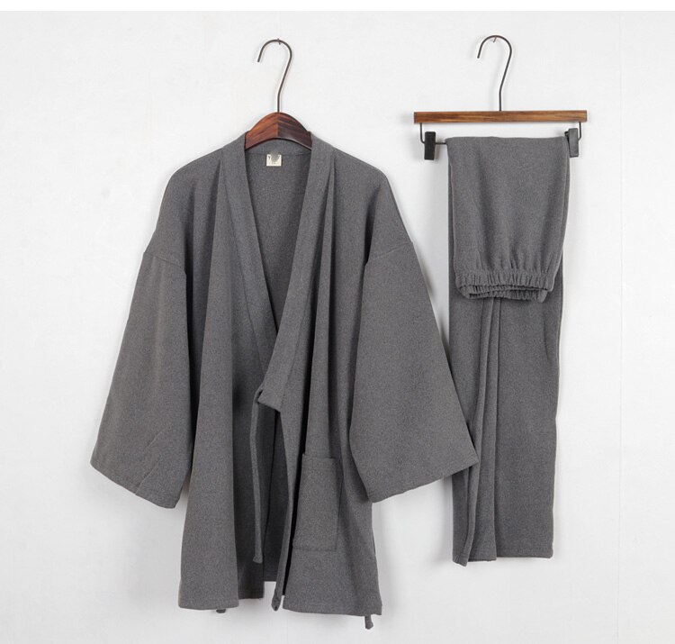 Japonés estilo Retro de algodón de los hombres pantalones de pijama conjunto antiguo tradicional Albornoz de Kimono trajes Hanfu dormir y salón: Gris / L