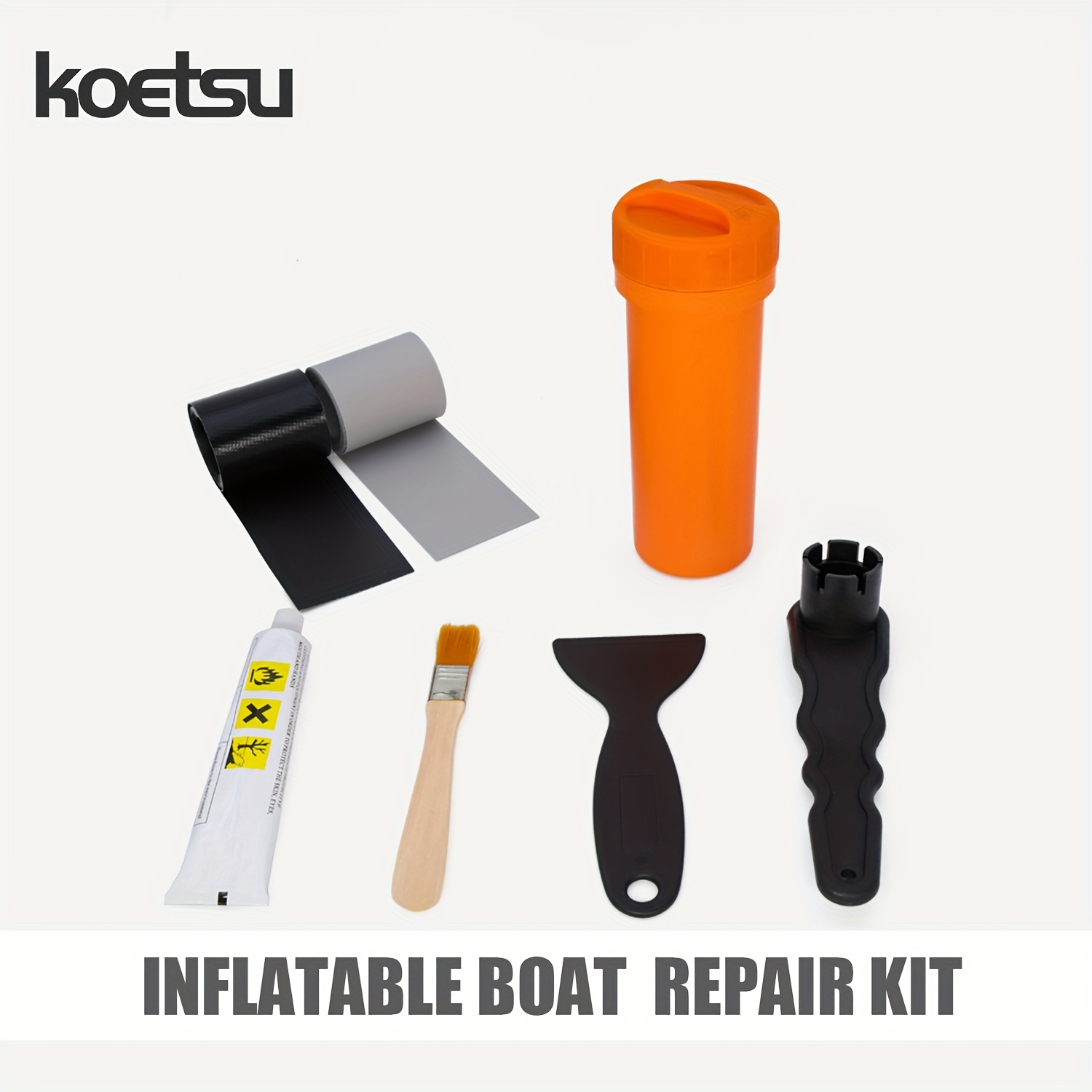 KOETSU 1 PVC Boat Repair Kit for Kayaks Inflatable Boats Floating Docks - Includes Black & Gray Fabric Patches Adhesive Tools: Orange