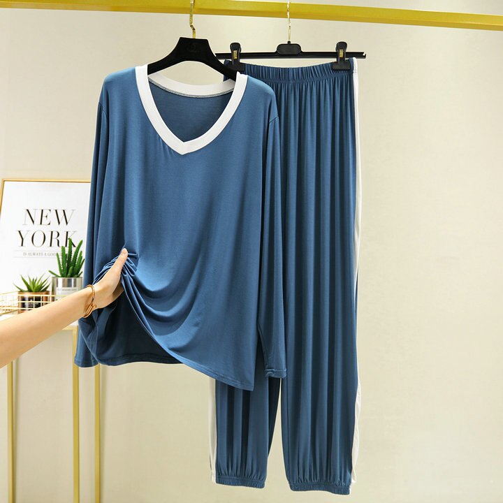 Fdfklak 2PCS Pajama Sets Women Autumn Long Sleeve Solid Modal Loose Breathable Soft Home Clothing Comfortable Sleeping Suits: blue / XL