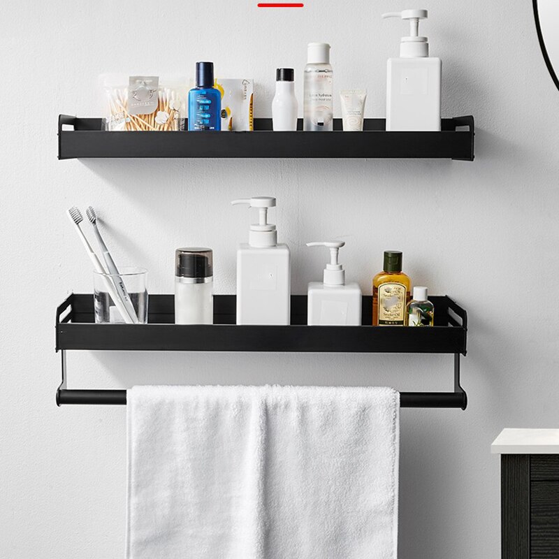Sort aluminium badeværelse hylde vægmonteret firkantet shampoo hylde kosmetiske hylder køkken opbevaring hylde rack arrangør di