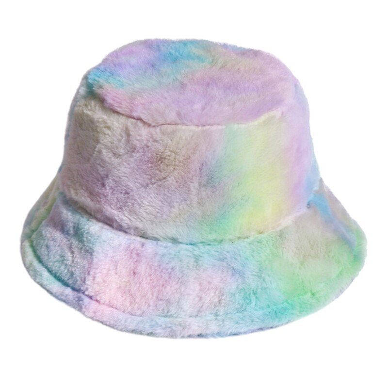 Women Winter Rainbow Colorful Tie Dye Bucket Hat Fluffy Fuzzy Plush Short Brim Sunscreen Thick Warm Panama Fisherman Cap: 5