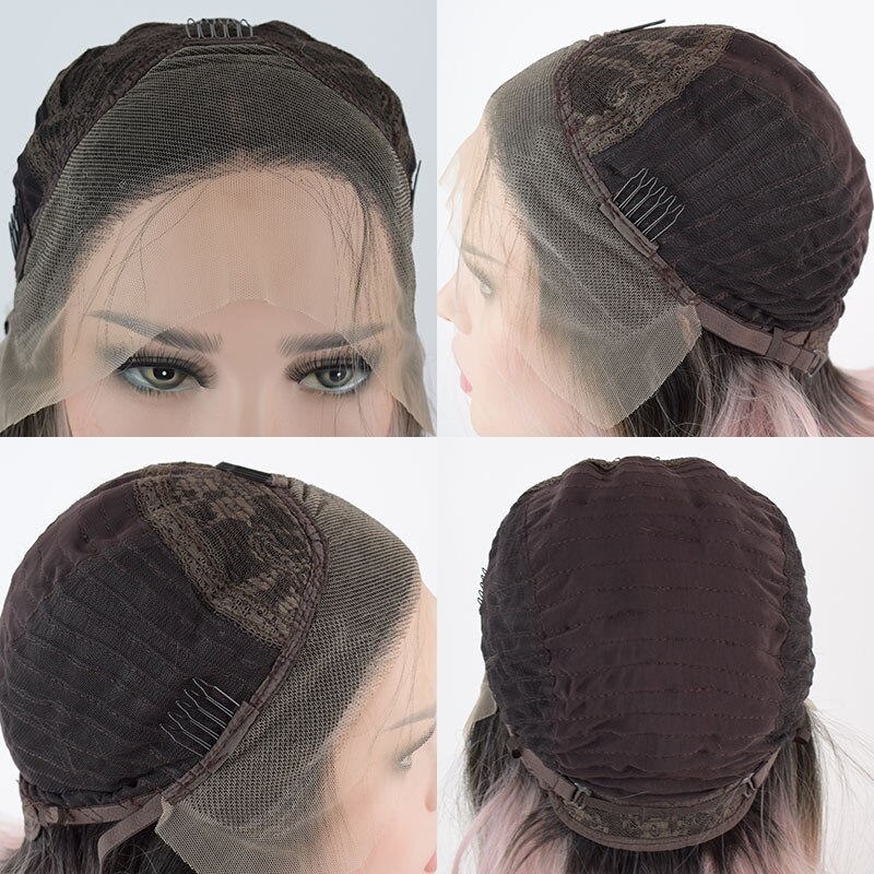 Bombshell preto raízes ombre rosa curto em linha reta bob peruca dianteira do laço sintético resistente ao calor fibra cabelo médio de separação para mulher