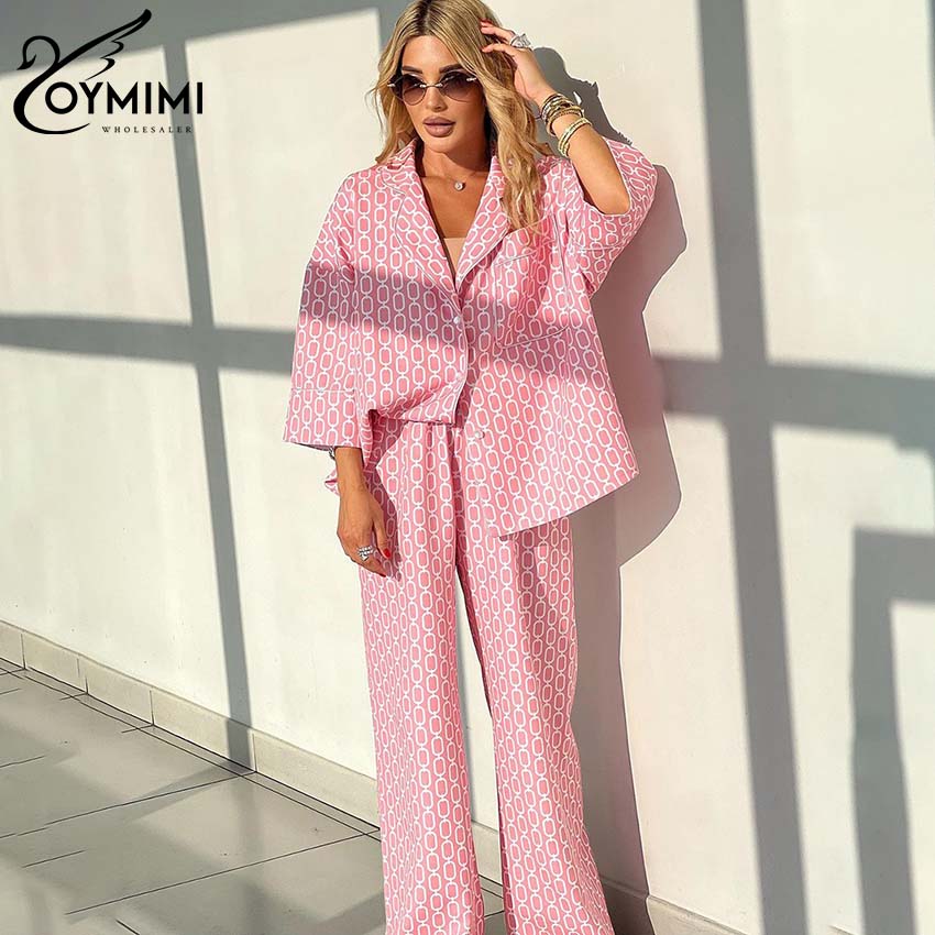 Oymimi casual rosa conjuntos de impressão das mulheres 2 peças moda solta três quartos manga bolsos camisas e calças retas conjuntos femininos: M
