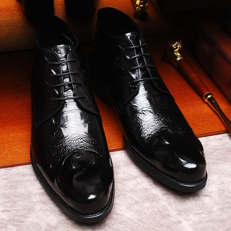 Cheville pour hommes, chaussure à bout pointu et à talons bas, Crocodile, Business, mocassins pour homme, tendance à lacets