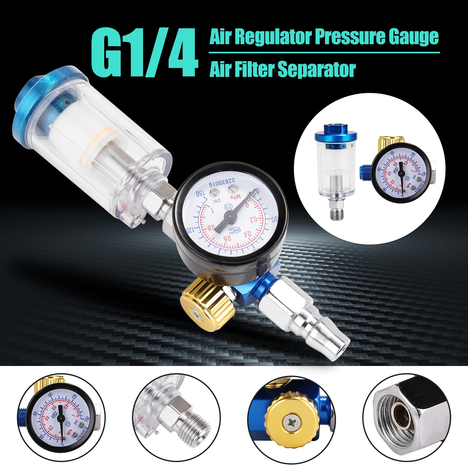 Kkmoon hvlp spray luftregulator trykmåler 1/4 "mini inline luftfilter separator justerbar lufttryk regulator gauge