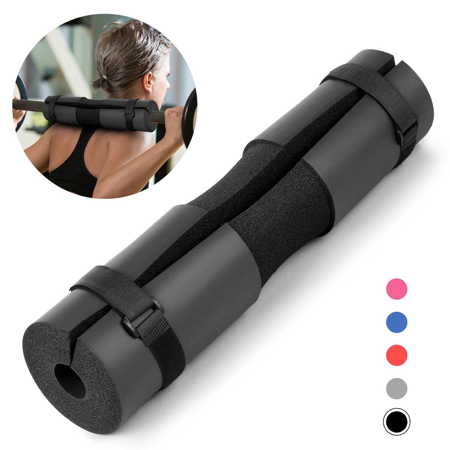 Barbell squat pad hals skulder beskyttende pad support med fastgørelsesbånd til squats lunges hoftestød vægtløftning bar pad: Sort