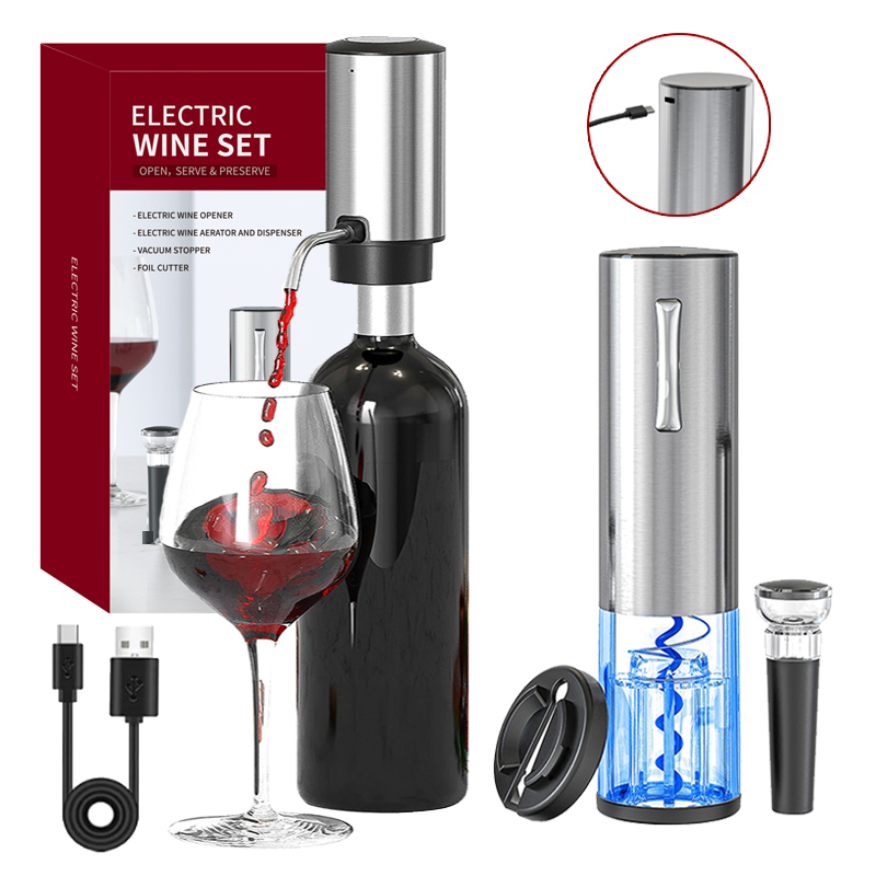 Juego de abridor de vino eléctrico USB con decantador eléctrico y aireador, abridor de botellas de vino recargable de acero inoxidable para amantes del vino