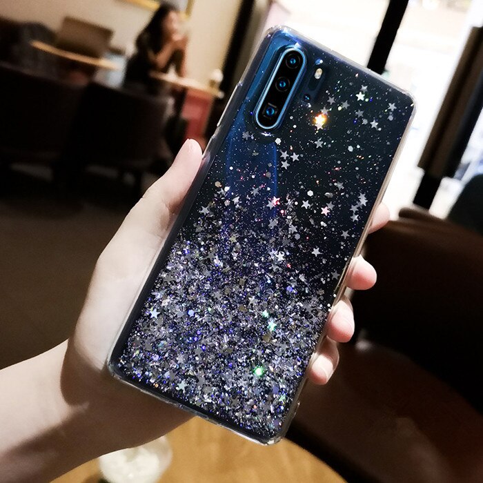 Bling Glitter Case for Huawei P20 Lite P30 Silicon Crystal Sequins Soft Cover for Huawei P30 Lite P20 Pro Transparent Phone Case: For P20 / Black