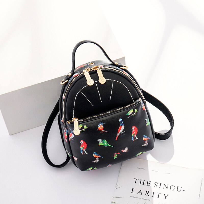 Printed Small Women Backpack 2021New Casual Small iPad Phone Backpacks Female pU Leather Handbags for Girls: Black